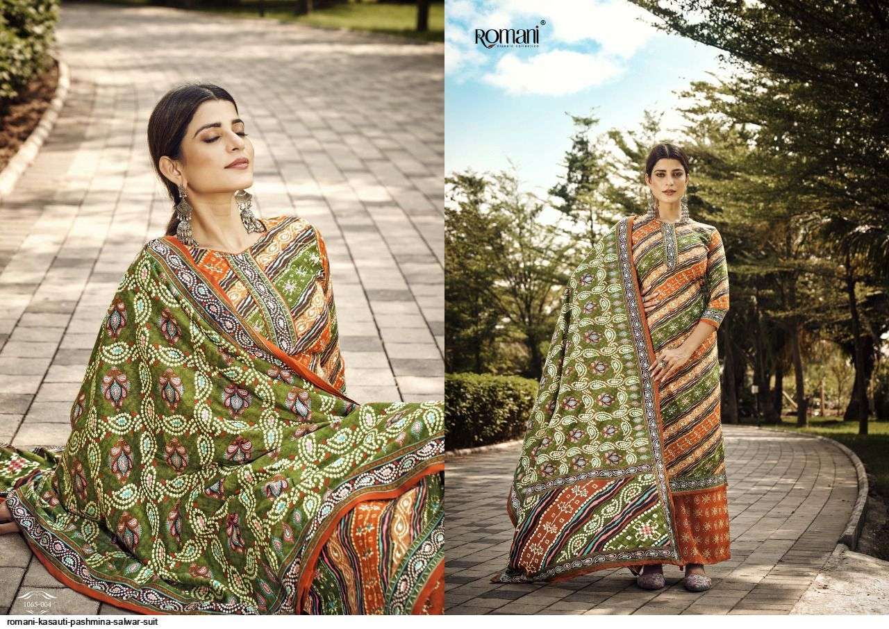 Kasauti By Romani 1065-001 To 1065-010 Series Beautiful Stylish Suits Fancy Colorful Casual Wear & Ethnic Wear & Ready To Wear Pure Pashmina Print Dresses At Wholesale Price