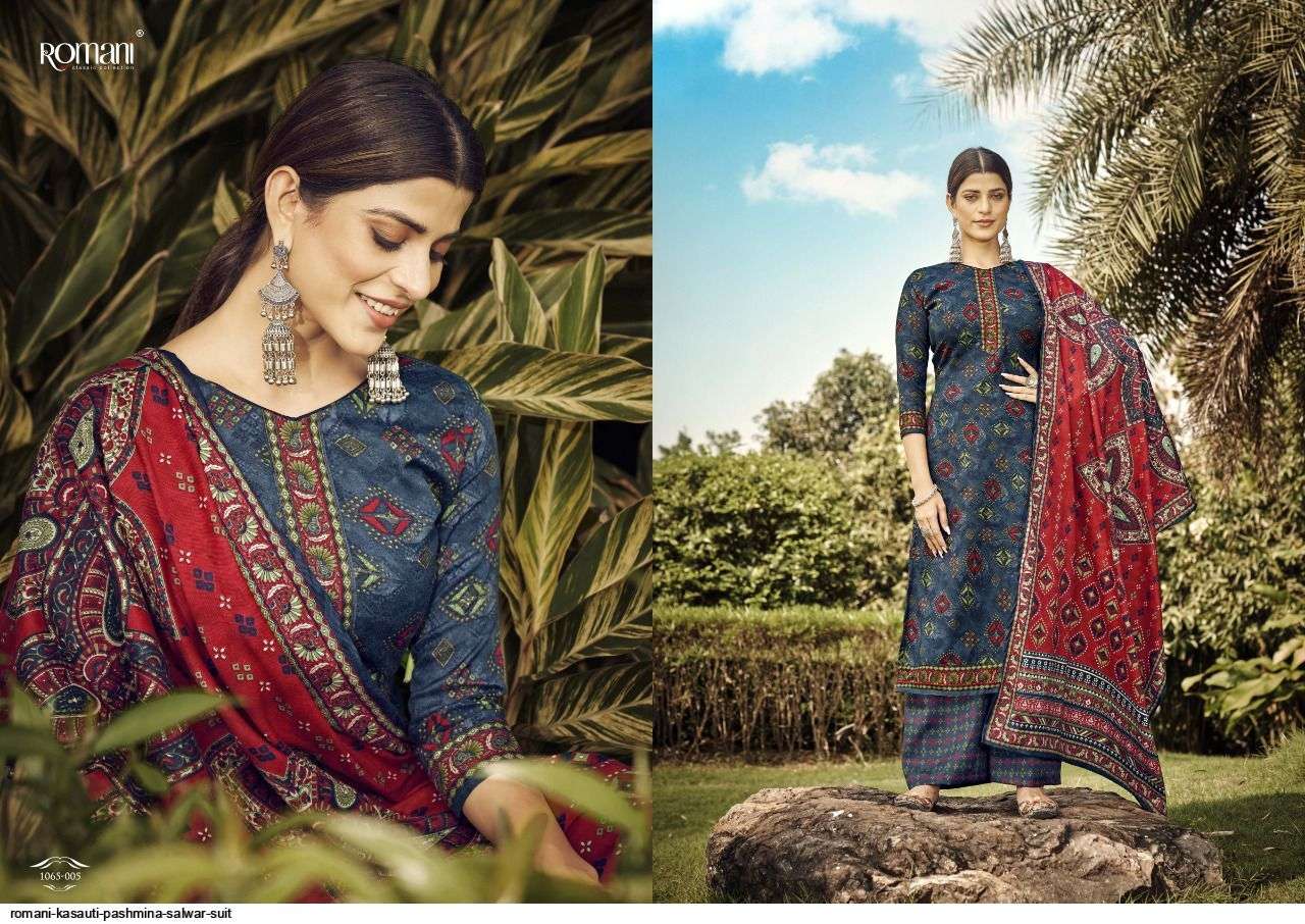 Kasauti By Romani 1065-001 To 1065-010 Series Beautiful Stylish Suits Fancy Colorful Casual Wear & Ethnic Wear & Ready To Wear Pure Pashmina Print Dresses At Wholesale Price