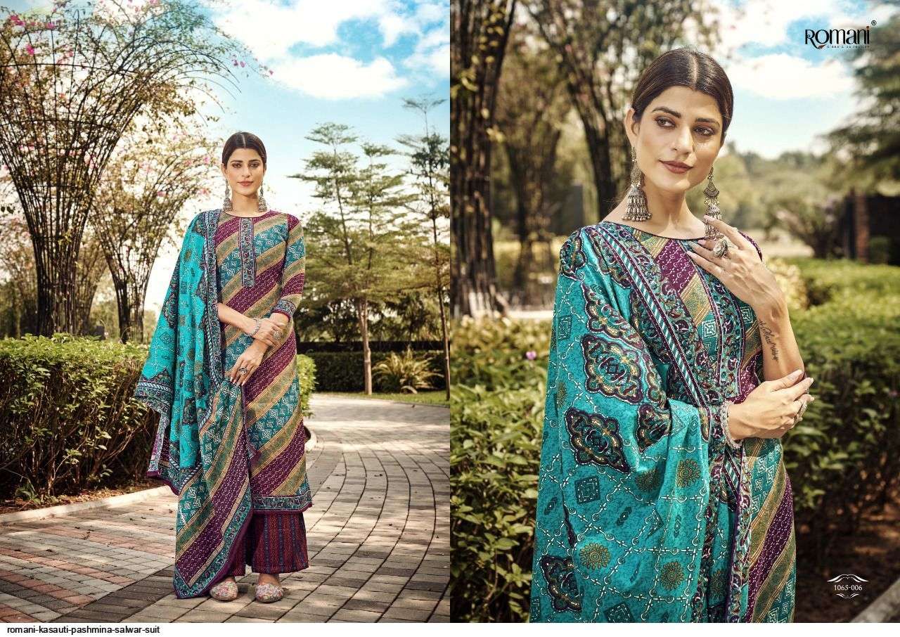 Kasauti By Romani 1065-001 To 1065-010 Series Beautiful Stylish Suits Fancy Colorful Casual Wear & Ethnic Wear & Ready To Wear Pure Pashmina Print Dresses At Wholesale Price