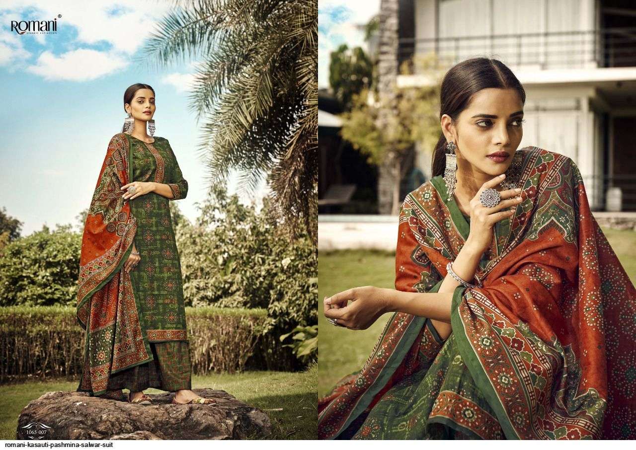 Kasauti By Romani 1065-001 To 1065-010 Series Beautiful Stylish Suits Fancy Colorful Casual Wear & Ethnic Wear & Ready To Wear Pure Pashmina Print Dresses At Wholesale Price