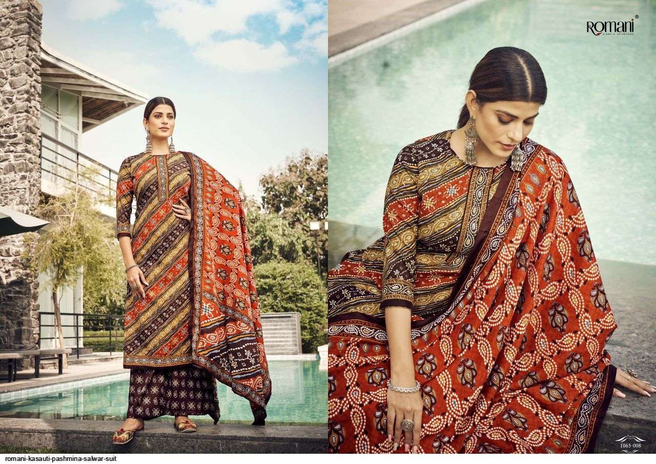 Kasauti By Romani 1065-001 To 1065-010 Series Beautiful Stylish Suits Fancy Colorful Casual Wear & Ethnic Wear & Ready To Wear Pure Pashmina Print Dresses At Wholesale Price