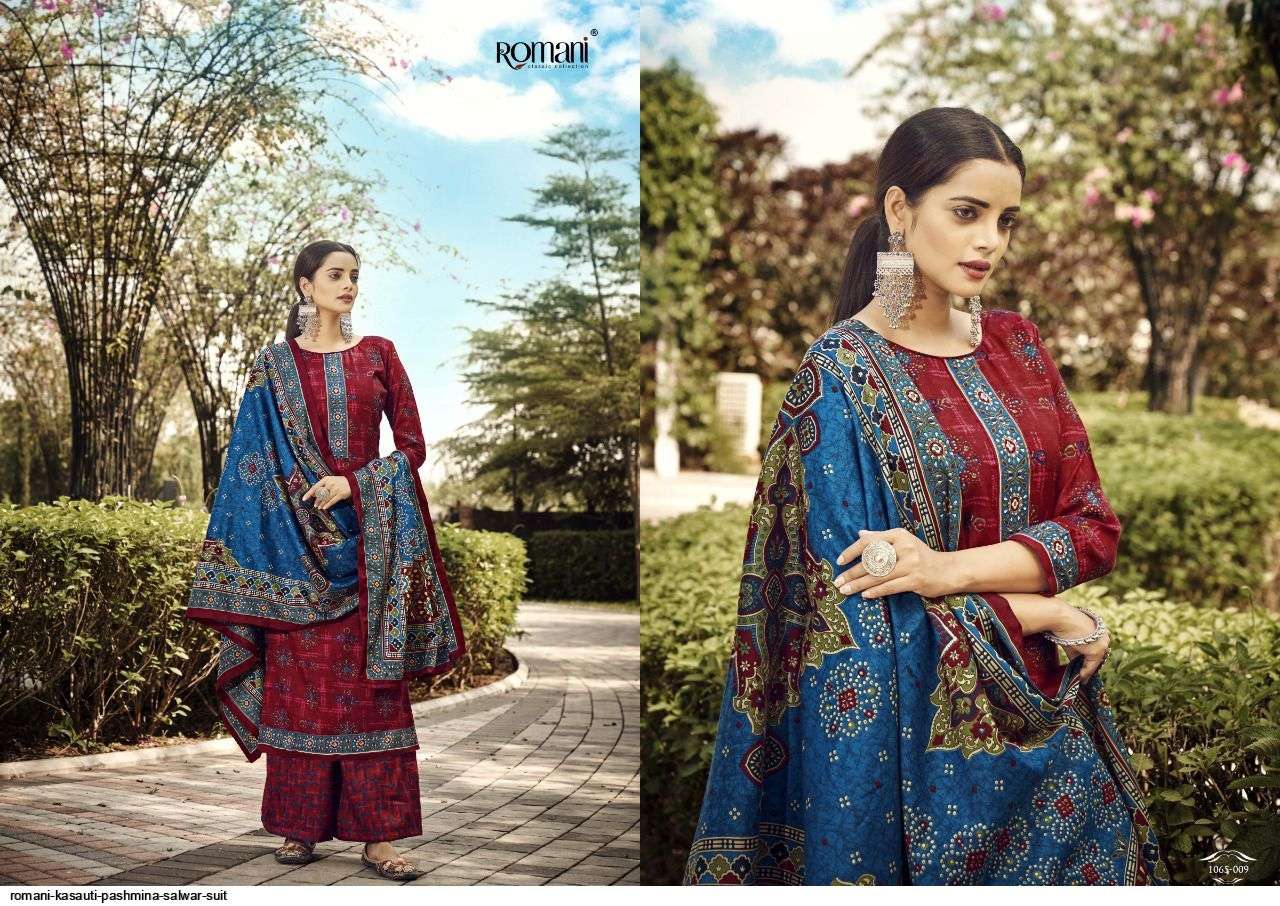 Kasauti By Romani 1065-001 To 1065-010 Series Beautiful Stylish Suits Fancy Colorful Casual Wear & Ethnic Wear & Ready To Wear Pure Pashmina Print Dresses At Wholesale Price