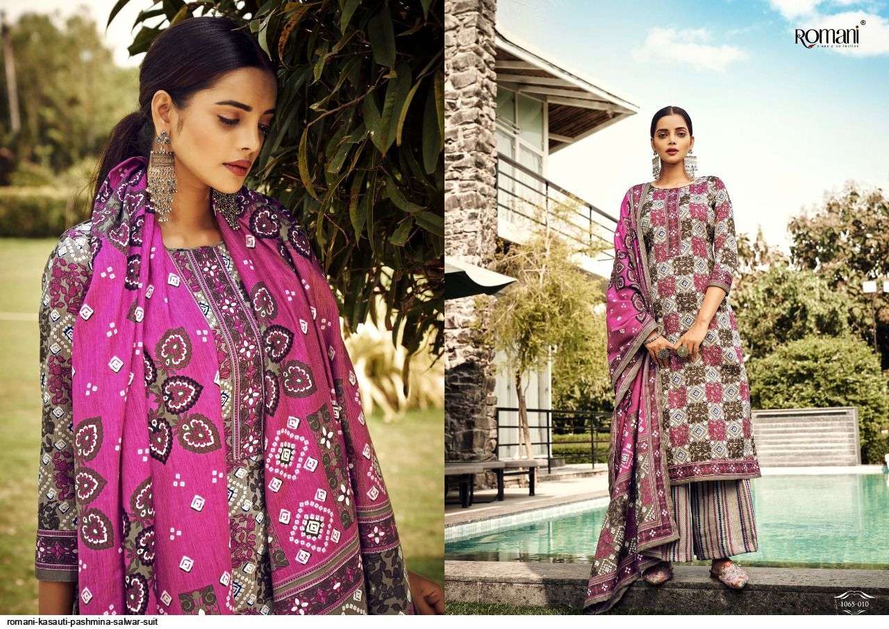 Kasauti By Romani 1065-001 To 1065-010 Series Beautiful Stylish Suits Fancy Colorful Casual Wear & Ethnic Wear & Ready To Wear Pure Pashmina Print Dresses At Wholesale Price