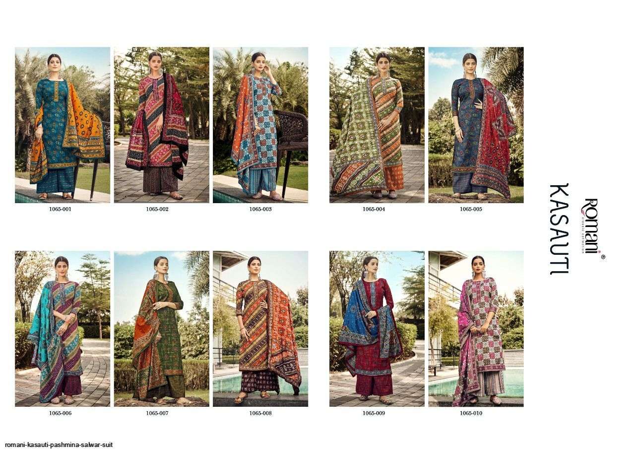 Kasauti By Romani 1065-001 To 1065-010 Series Beautiful Stylish Suits Fancy Colorful Casual Wear & Ethnic Wear & Ready To Wear Pure Pashmina Print Dresses At Wholesale Price