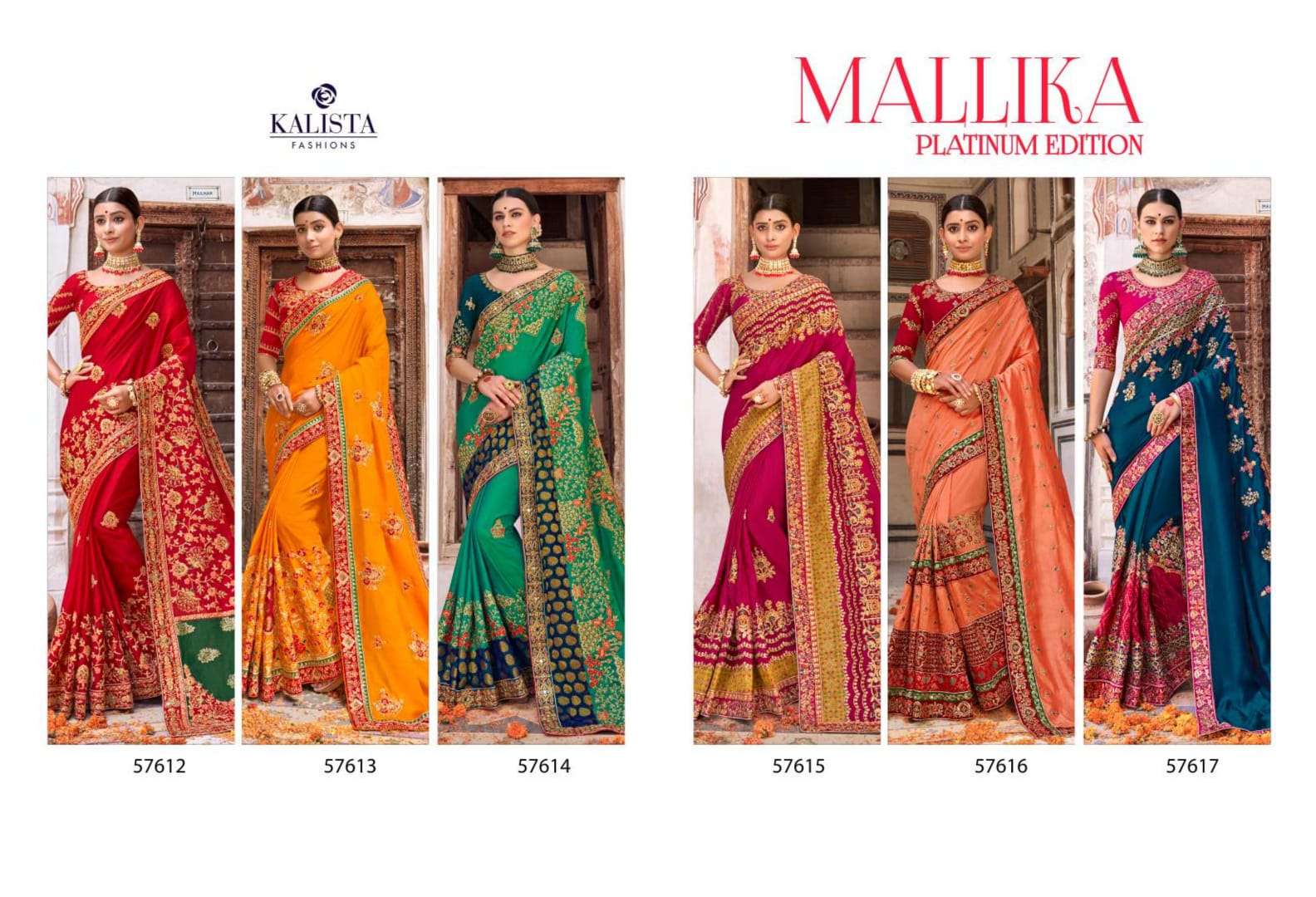 MALLIKA PLATINUM EDITION BY KALISTA FASHION 57612 TO 57617 SERIES INDIAN TRADITIONAL WEAR COLLECTION BEAUTIFUL STYLISH FANCY COLORFUL PARTY WEAR & OCCASIONAL WEAR VISCOSE SILK SAREES AT WHOLESALE PRICE