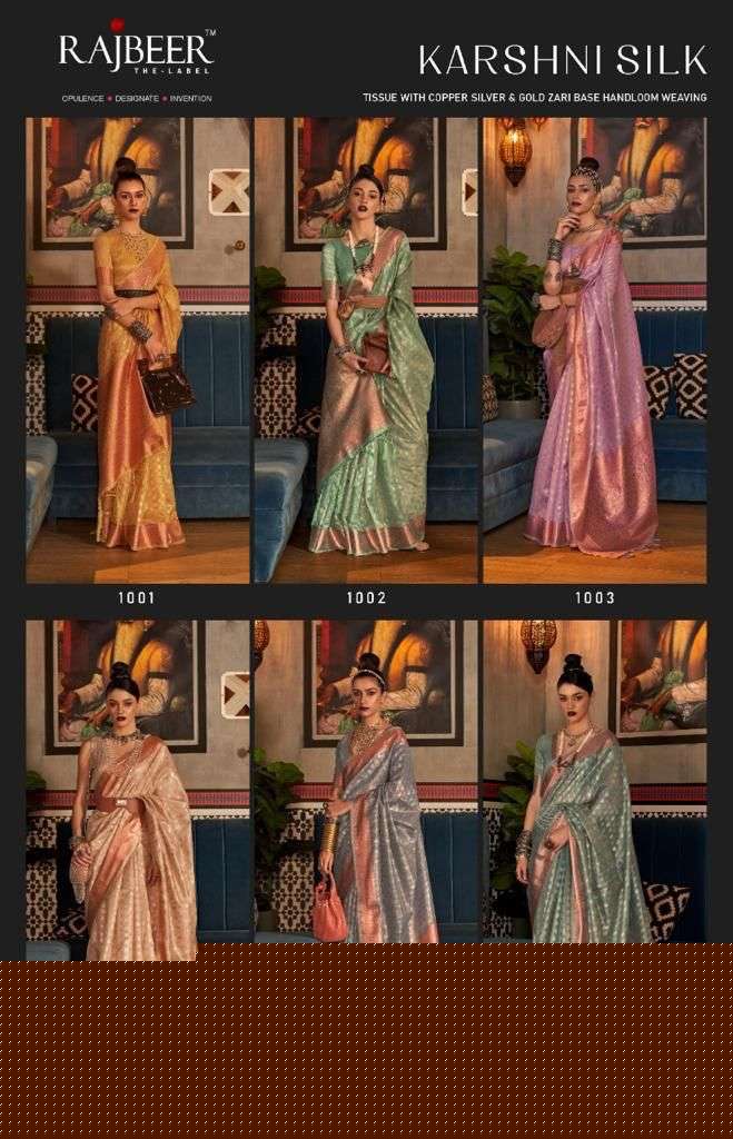 Karshni Silk By Rajbeer 1001 To 1006 Series Indian Traditional Wear Collection Beautiful Stylish Fancy Colorful Party Wear & Occasional Wear Silk Sarees At Wholesale Price