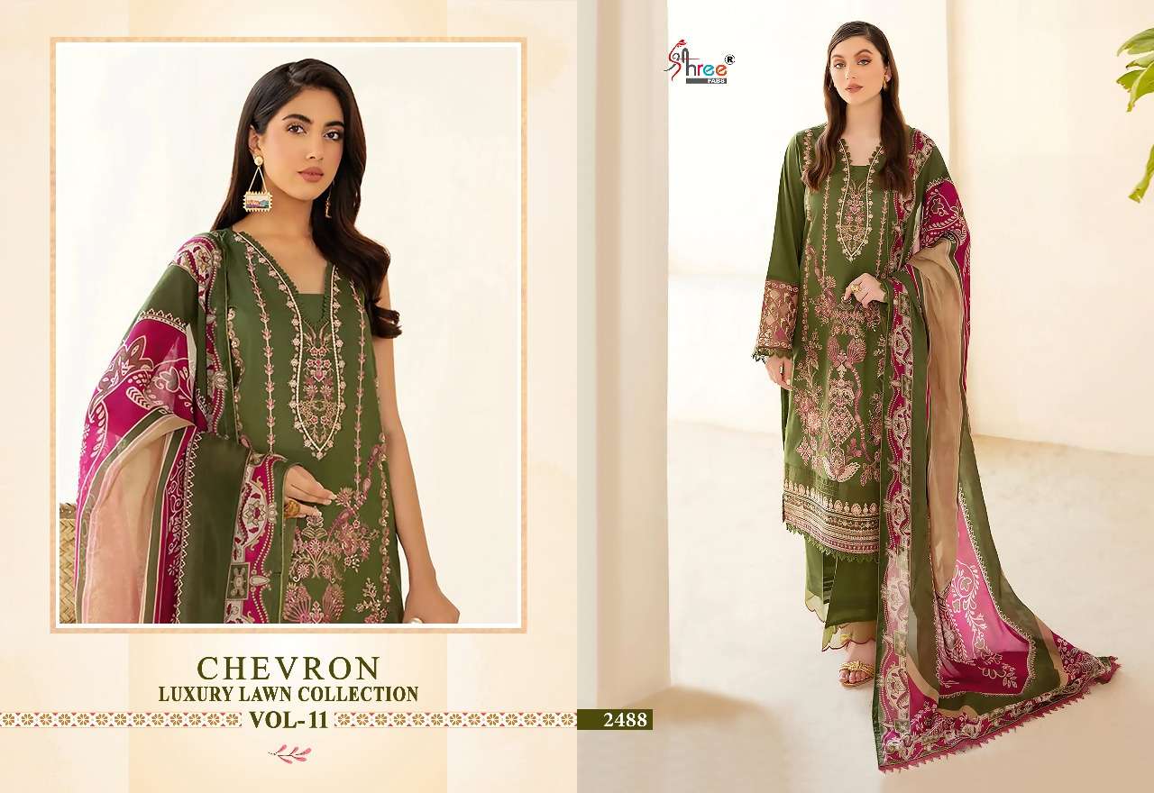 CHEVRON LUXURY LAWN COLLECTION VOL-11 BY SHREE FABS 2484 TO 2490 SERIES PAKISTANI SUITS BEAUTIFUL FANCY COLORFUL STYLISH PARTY WEAR & OCCASIONAL WEAR PURE LAWN COTTON WITH EMBROIDERY DRESSES AT WHOLESALE PRICE