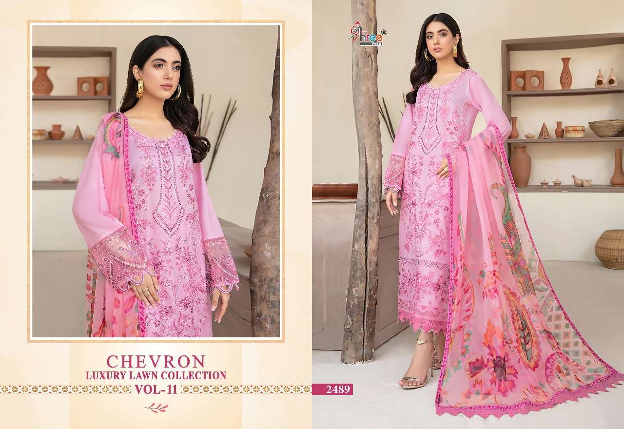 CHEVRON LUXURY LAWN COLLECTION VOL-11 BY SHREE FABS 2484 TO 2490 SERIES PAKISTANI SUITS BEAUTIFUL FANCY COLORFUL STYLISH PARTY WEAR & OCCASIONAL WEAR PURE LAWN COTTON WITH EMBROIDERY DRESSES AT WHOLESALE PRICE