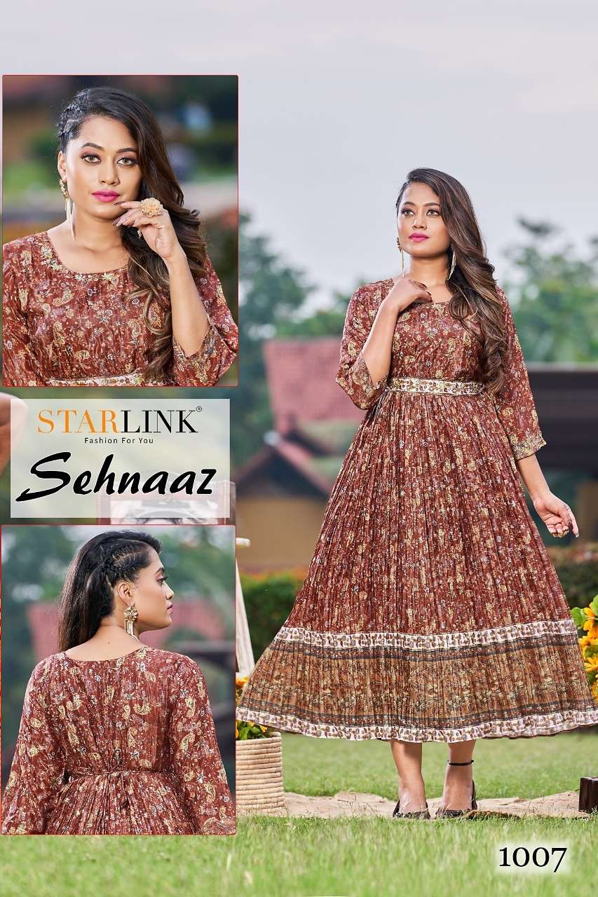 SEHNAAZ BY STARLINK 1001 TO 1008 SERIES BEAUTIFUL STYLISH FANCY COLORFUL CASUAL WEAR & ETHNIC WEAR CHINNON PRINT GOWNS AT WHOLESALE PRICE