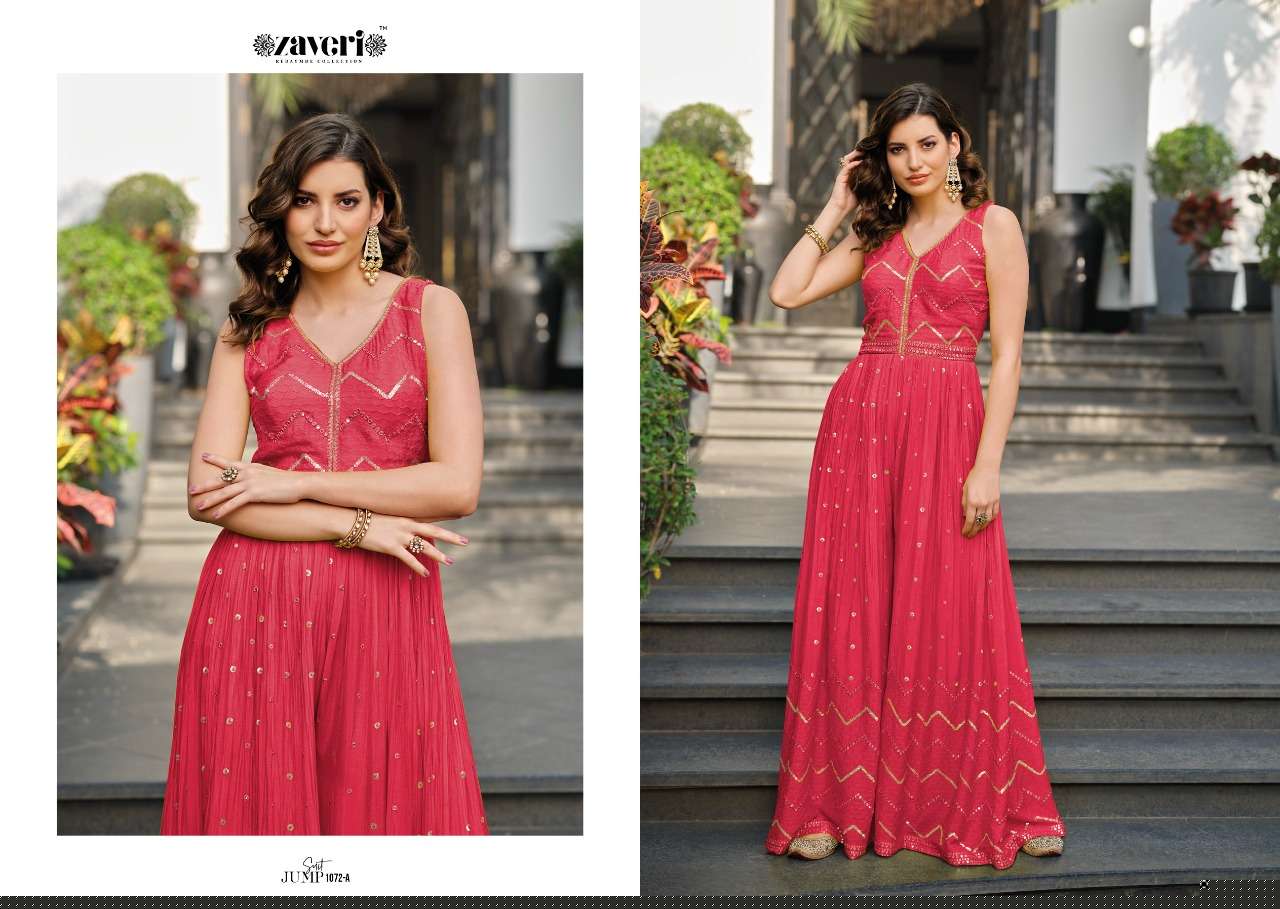 JUMPSUIT 1072 COLOURS BY ZAVERI 1072-A TO 1072-D SERIES DESIGNER STYLISH FANCY COLORFUL BEAUTIFUL PARTY WEAR & ETHNIC WEAR COLLECTION CHINNON JUMPSUIT AT WHOLESALE PRICE