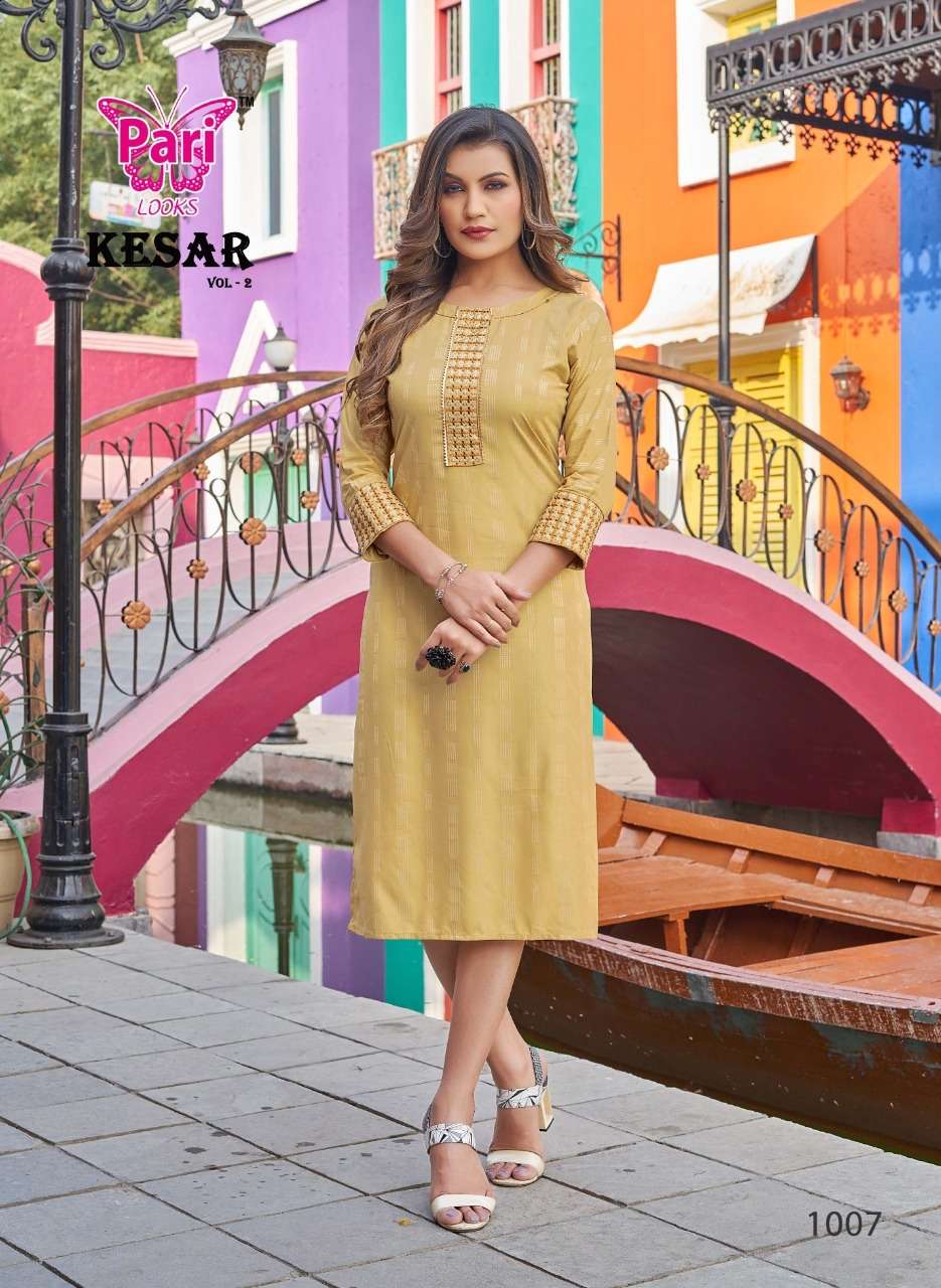KESAR VOL-2 BY PARI 1001 TO 1008 SERIES DESIGNER STYLISH FANCY COLORFUL BEAUTIFUL PARTY WEAR & ETHNIC WEAR COLLECTION RAYON WITH WORK KURTIS AT WHOLESALE PRICE