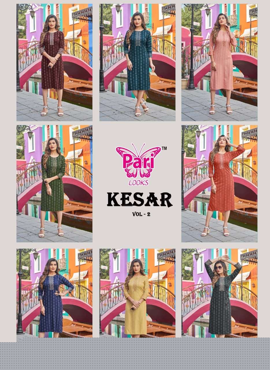 KESAR VOL-2 BY PARI 1001 TO 1008 SERIES DESIGNER STYLISH FANCY COLORFUL BEAUTIFUL PARTY WEAR & ETHNIC WEAR COLLECTION RAYON WITH WORK KURTIS AT WHOLESALE PRICE