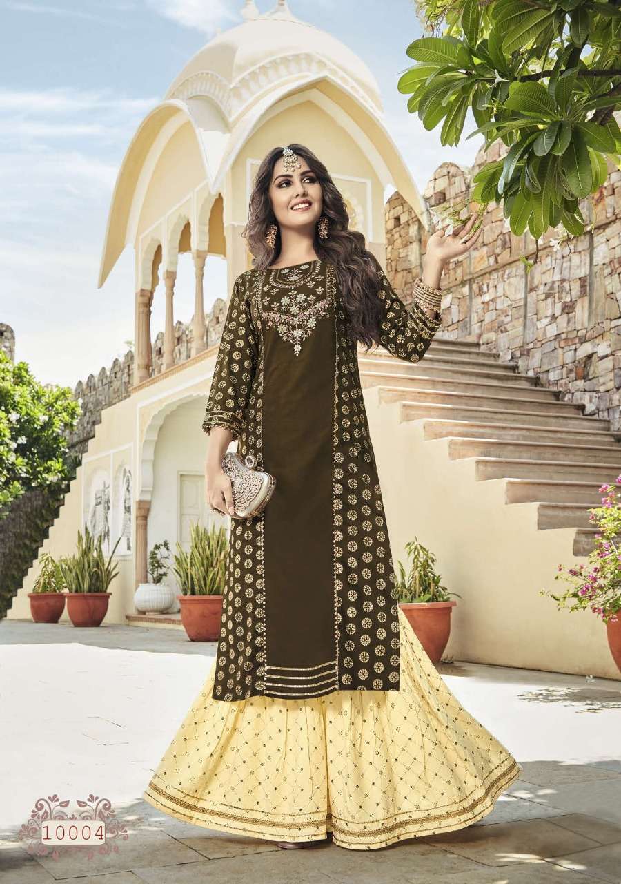 LABEL VOL-10 BY KAJAL STYLE 10001 TO 10010 SERIES BEAUTIFUL STYLISH FANCY COLORFUL CASUAL WEAR & ETHNIC WEAR RAYON KURTIS WITH BOTTOM AT WHOLESALE PRICE