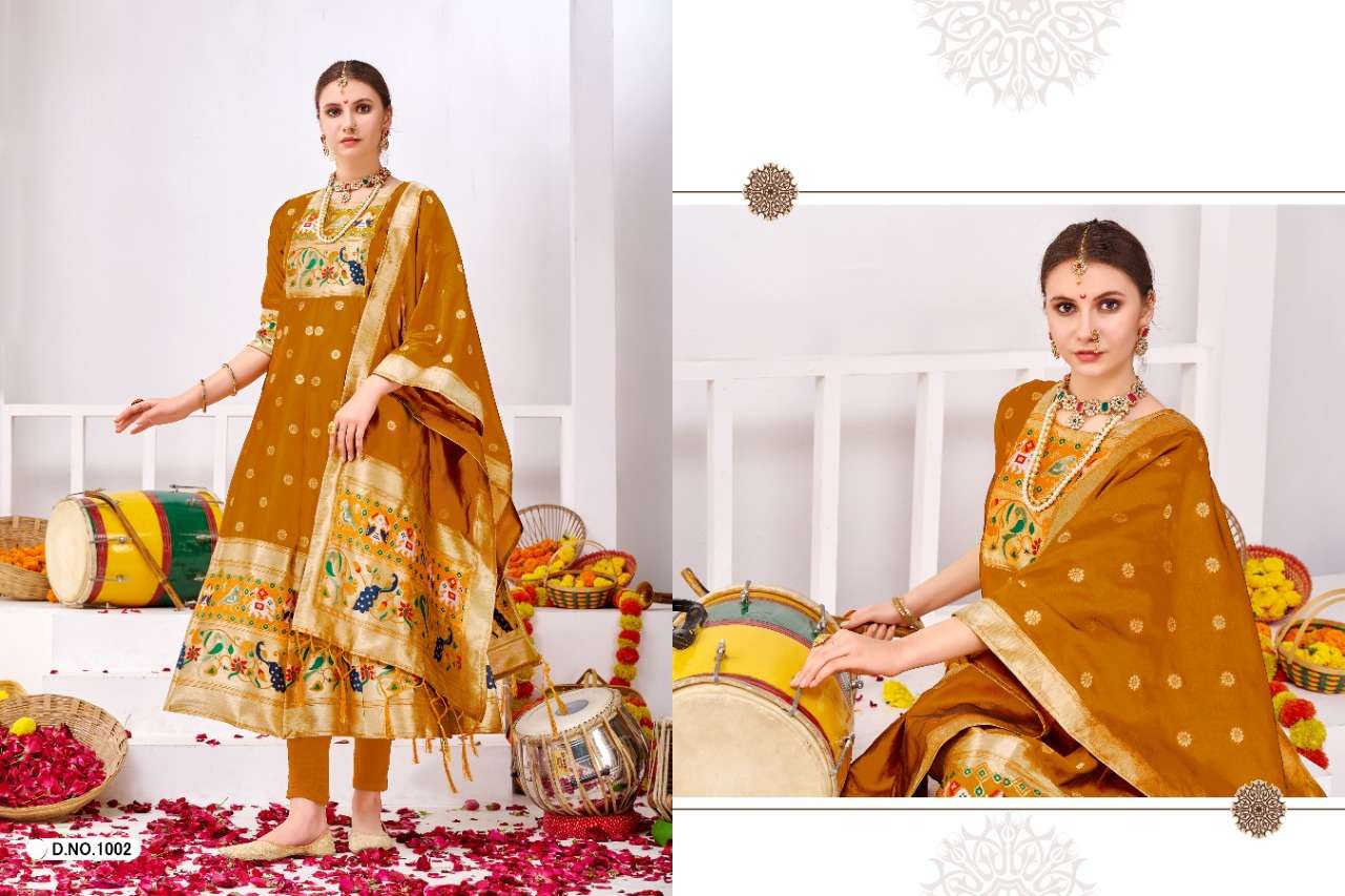 MUHURTHAM PAITHANI BY SMIT CREATION 1001 TO 1010 SERIES BEAUTIFUL SUITS COLORFUL STYLISH FANCY CASUAL WEAR & ETHNIC WEAR PURE TAPETA SILK GOWN WITH DUPATTA AT WHOLESALE PRICE