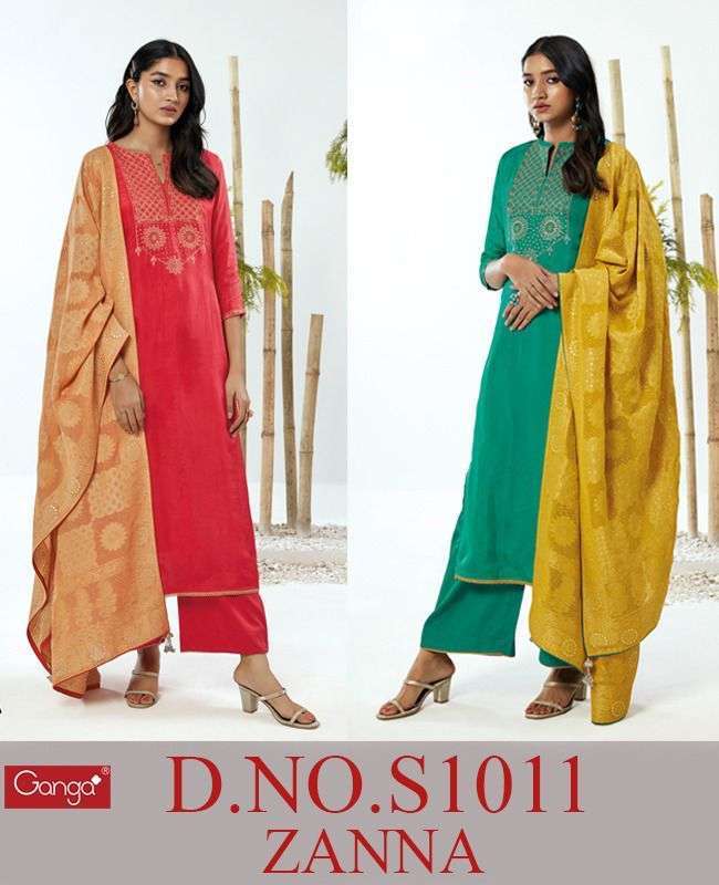 ZANNA-1011 BY GANGA FASHION 1011-A TO 1011-B SERIES BEAUTIFUL SUITS COLORFUL STYLISH FANCY CASUAL WEAR & ETHNIC WEAR BEMBERG SILK DRESSES AT WHOLESALE PRICE