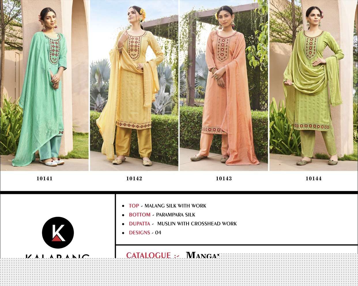 Mangalya By Kalarang 10141 To 10144 Series Indian Suits Beautiful Fancy Colorful Stylish Party Wear & Occasional Wear Pure Silk Dresses At Wholesale Price