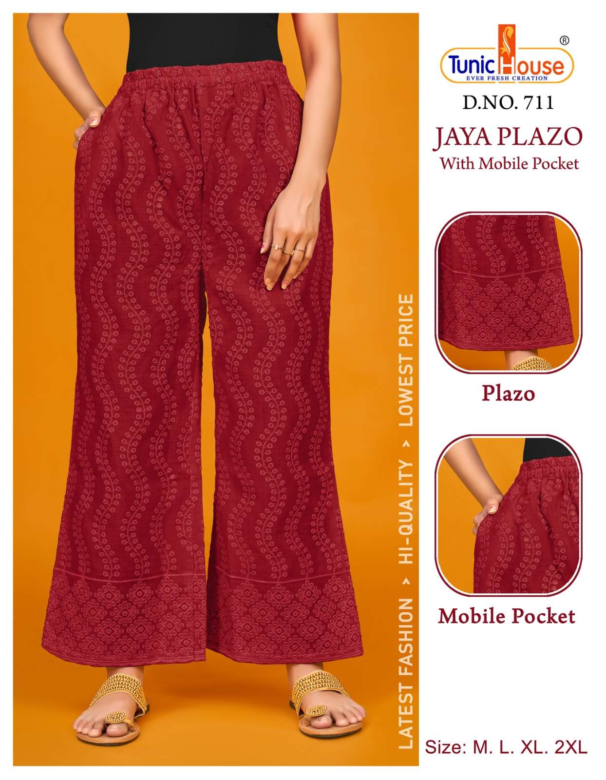 JAYA PLAZO BY TUNIC HOUSE 701 TO 712 SERIES STYLISH FANCY BEAUTIFUL COLORFUL CASUAL WEAR & ETHNIC WEAR COTTON PALAZZO AT WHOLESALE PRICE