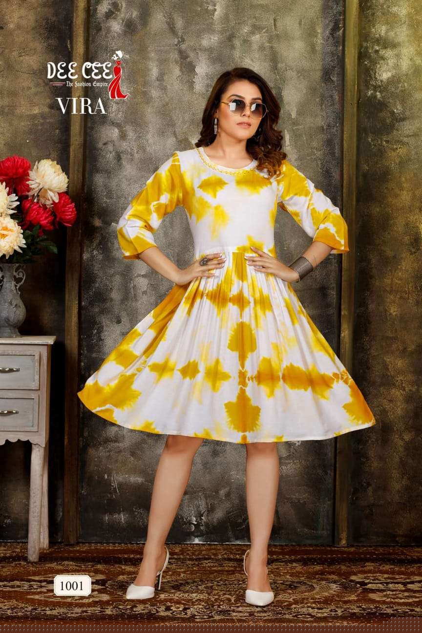 VIRA BY DEE CEE 1001 TO 1006 SERIES DESIGNER STYLISH FANCY COLORFUL BEAUTIFUL PARTY WEAR & ETHNIC WEAR COLLECTION HEAVY RAYON KURTIS AT WHOLESALE PRICE