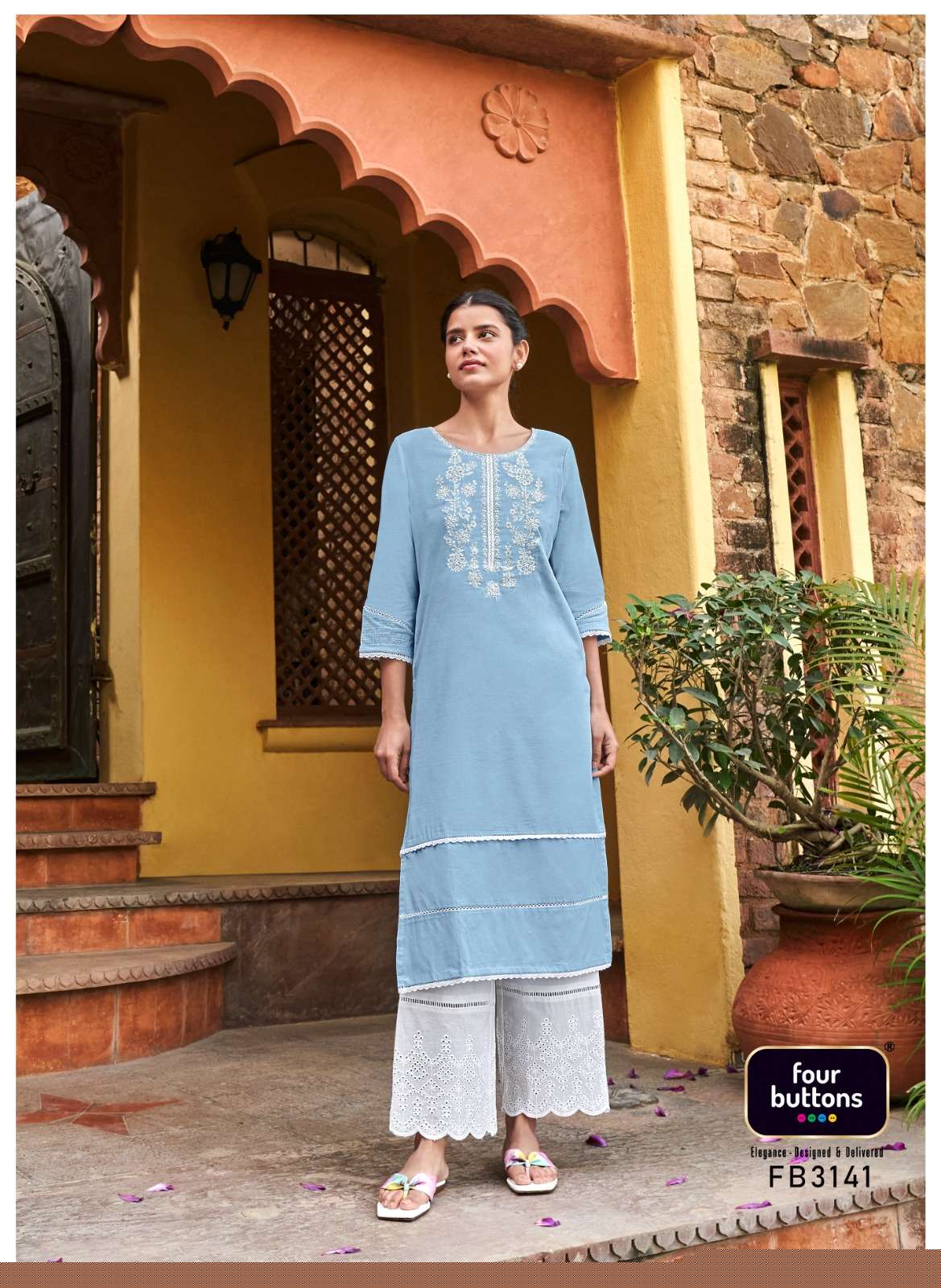 BANYAN TREE VOL-3 BY FOUR BUTTONS 3141 TO 3146 SERIES DESIGNER STYLISH FANCY COLORFUL BEAUTIFUL PARTY WEAR & ETHNIC WEAR COLLECTION PURE COTTON KURTIS WITH BOTTOM AT WHOLESALE PRICE