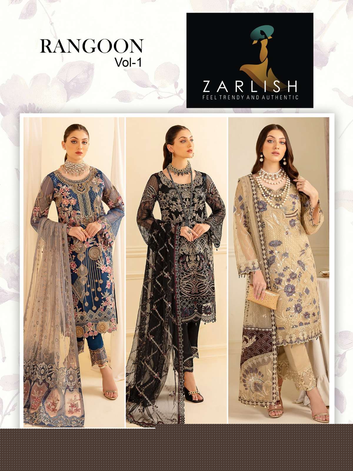 RANGOON VOL-1 BY ZARLISH 1101 TO 1103 SERIES BEAUTIFUL PAKISTANI SUITS COLORFUL STYLISH FANCY CASUAL WEAR & ETHNIC WEAR GEORGETTE EMBROIDERED DRESSES AT WHOLESALE PRICE