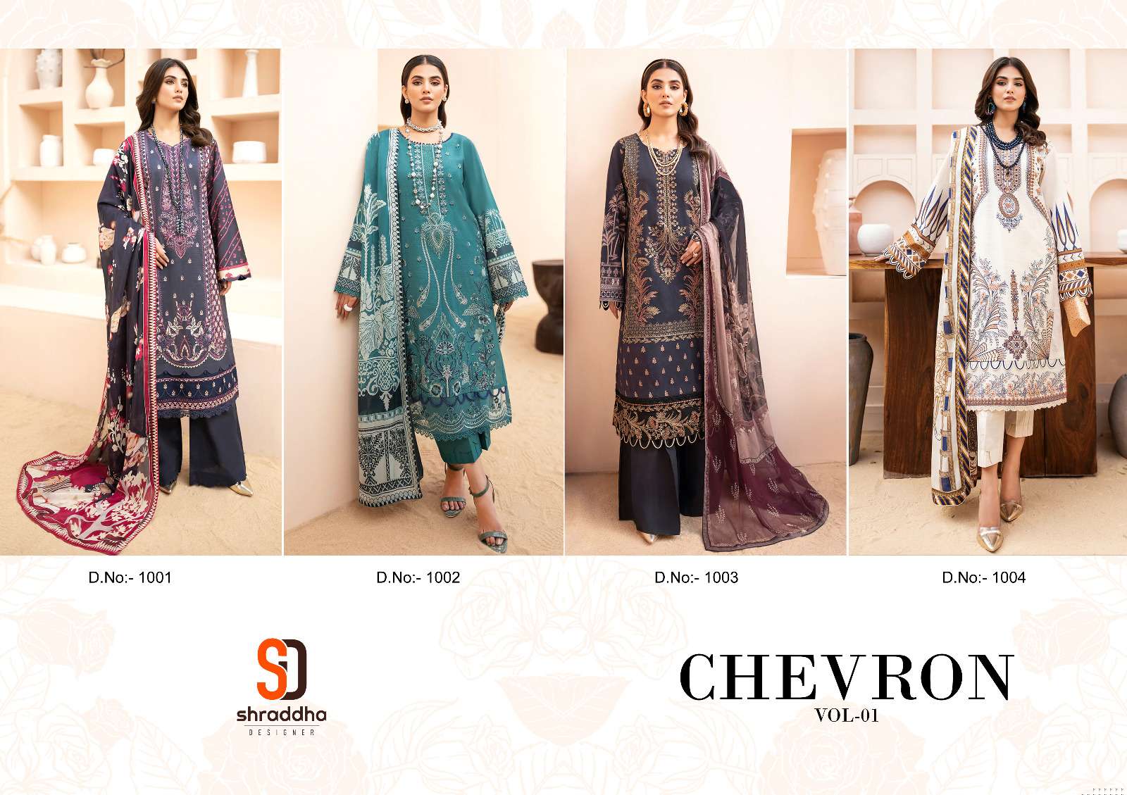 Chevron Vol-1 By Shraddha Designer 1001 To 1004 Series Beautiful Pakistani Suits Colorful Stylish Fancy Casual Wear & Ethnic Wear Lawn Cotton Print With Embroidered Dresses At Wholesale Price