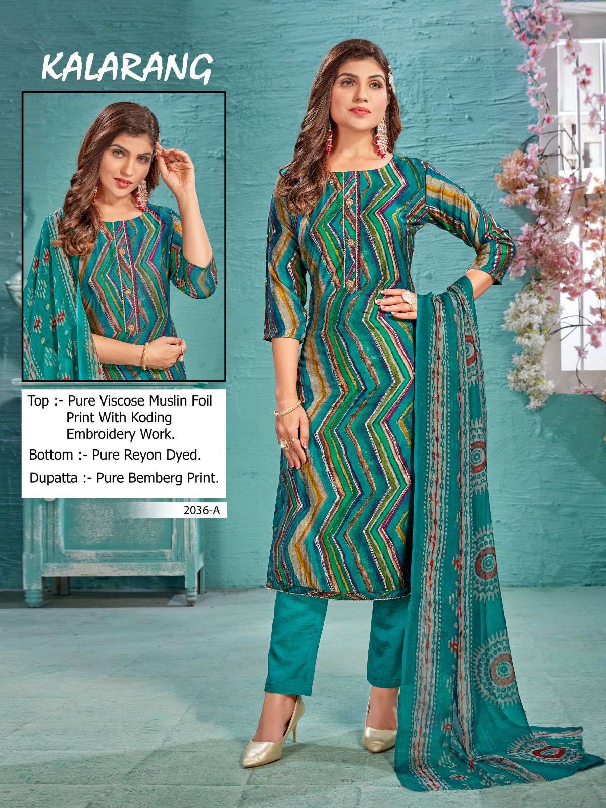 Kalarang-2036 By Bipson 2036-A To 2036-D Series Beautiful Stylish Festive Suits Fancy Colorful Casual Wear & Ethnic Wear & Ready To Wear Pure Visocse Muslin Print With Embroidered Dresses At Wholesale Price