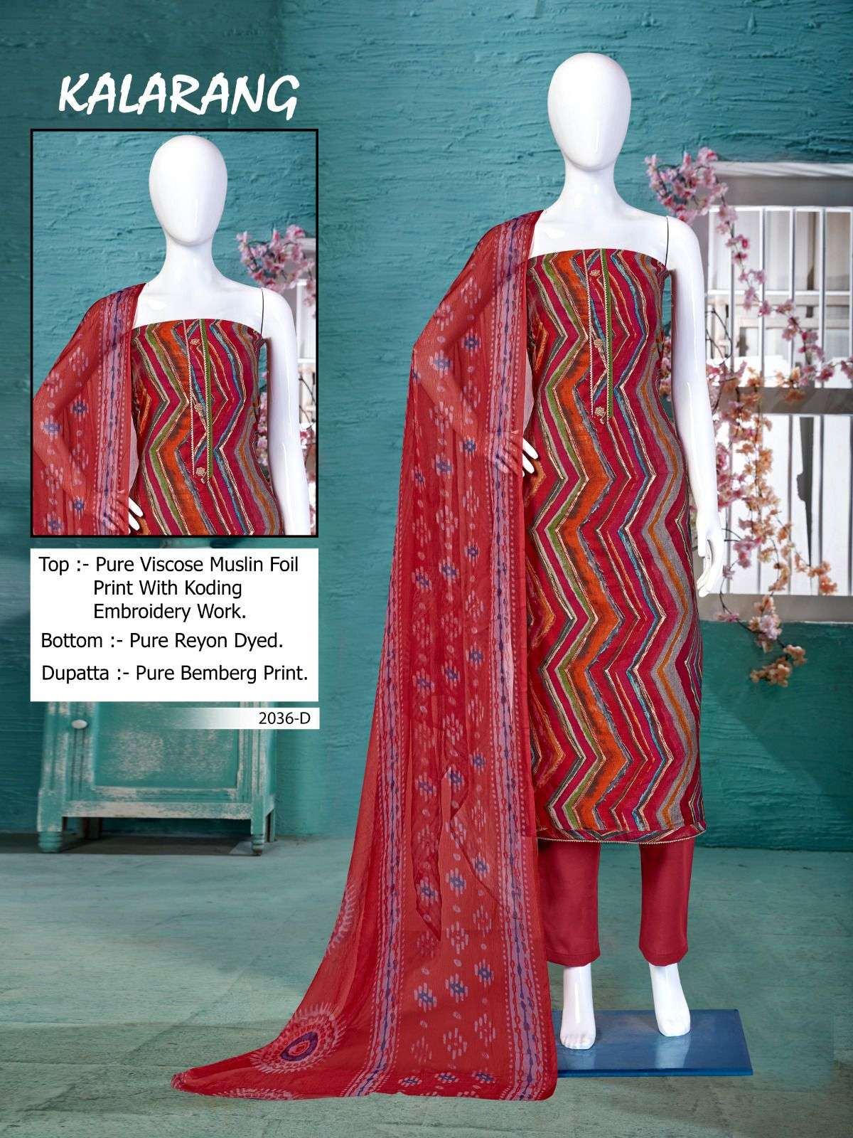 Kalarang-2036 By Bipson 2036-A To 2036-D Series Beautiful Stylish Festive Suits Fancy Colorful Casual Wear & Ethnic Wear & Ready To Wear Pure Visocse Muslin Print With Embroidered Dresses At Wholesale Price