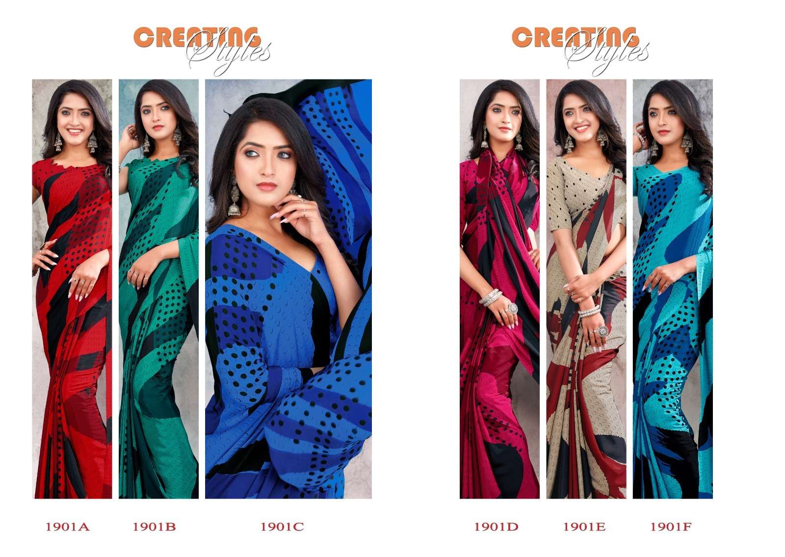 Creating Styles By Sushma 1901-A To 1901-F Series Indian Traditional Wear Collection Beautiful Stylish Fancy Colorful Party Wear & Occasional Wear Crepe Sarees At Wholesale Price
