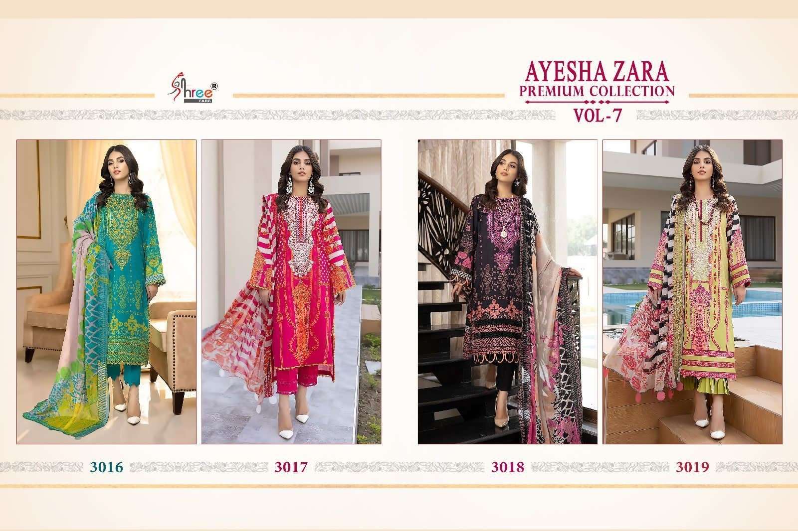 Ayesha Zara Premium Collection Vol-7 By Shree Fabs 3016 To 3019 Series Beautiful Pakistani Suits Colorful Stylish Fancy Casual Wear & Ethnic Wear Pure Cotton Print With Embroidered Dresses At Wholesale Price