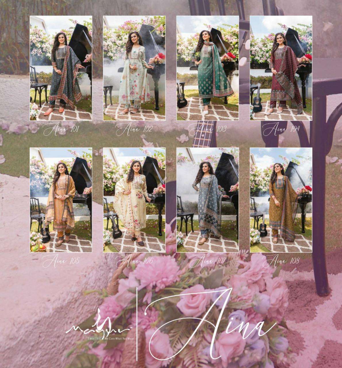 Aina By Mayur 101 To 108 Series Beautiful Suits Colorful Stylish Fancy Casual Wear & Ethnic Wear Silk Dresses At Wholesale Price