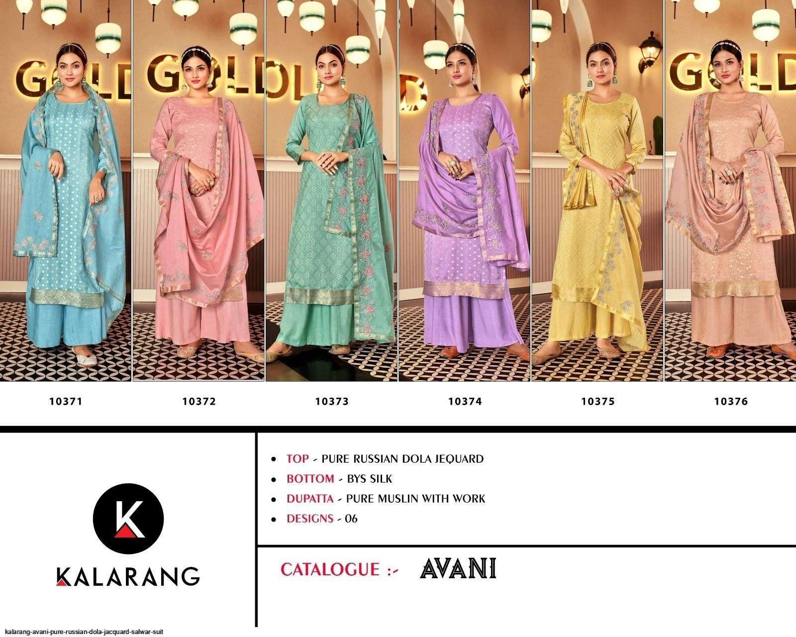 Avani By Kalarang 10371 To 10376 Series Beautiful Stylish Suits Fancy Colorful Casual Wear & Ethnic Wear & Ready To Wear Pure Dola Jacquard Dresses At Wholesale Price