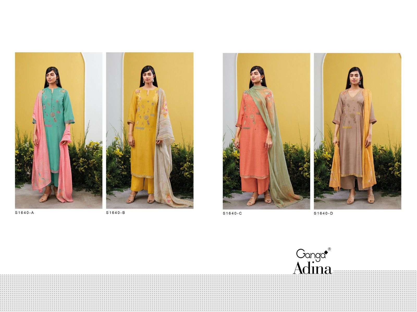 Adina-1640 By Ganga Fashion 1640-A To 1640-D Series Beautiful Suits Colorful Stylish Fancy Casual Wear & Ethnic Wear Bemberg Silk Dresses At Wholesale Price