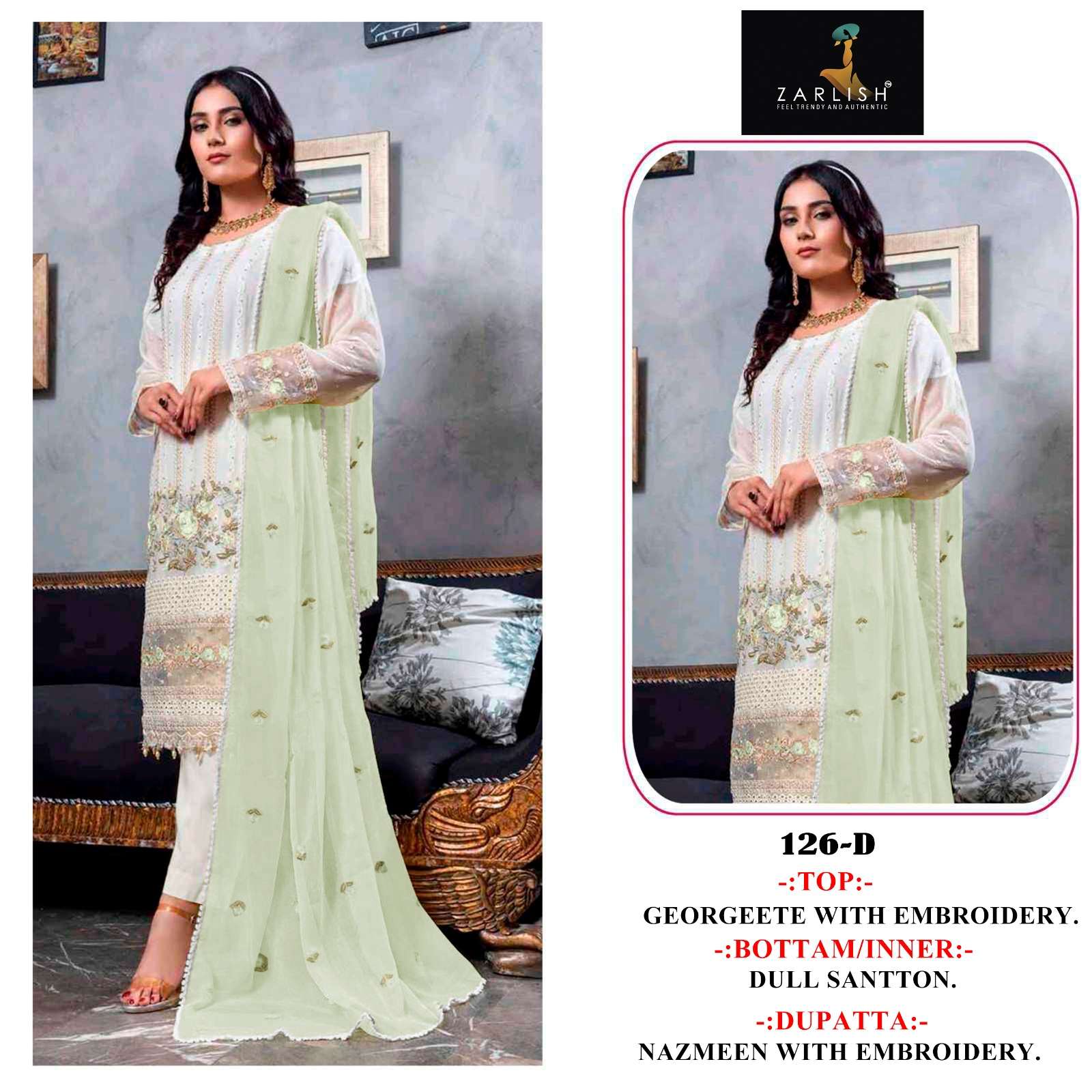 Zarlish 126 Colours By Zarlish 126-A To 126-D Series Beautiful Stylish Pakistani Suits Fancy Colorful Casual Wear & Ethnic Wear & Ready To Wear Georgette Embroidery Dresses At Wholesale Price