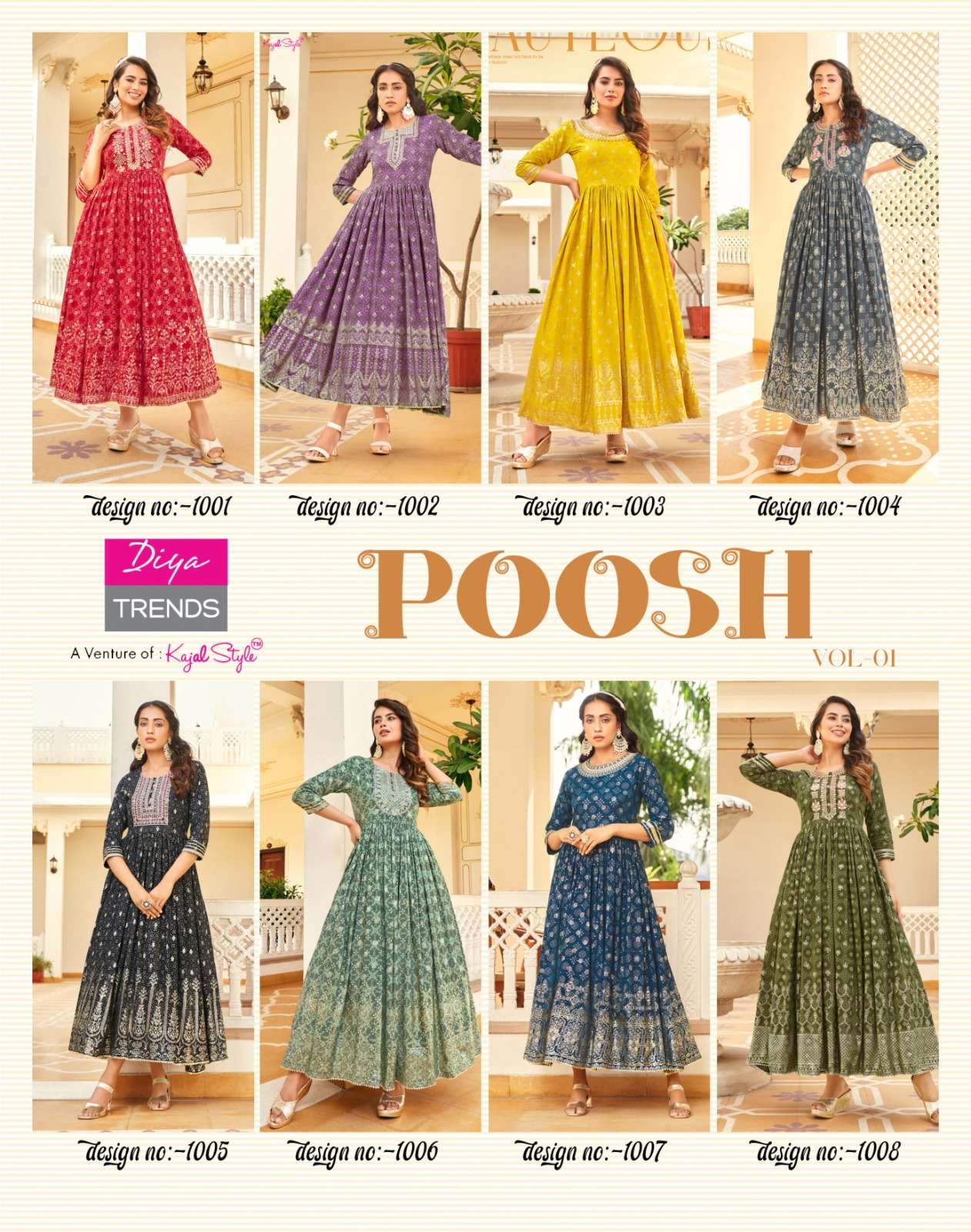 Poosh Vol-1 By Diya Trends 1001 To 1008 Series Designer Stylish Fancy Colorful Beautiful Party Wear & Ethnic Wear Collection Rayon Print Gown At Wholesale Price