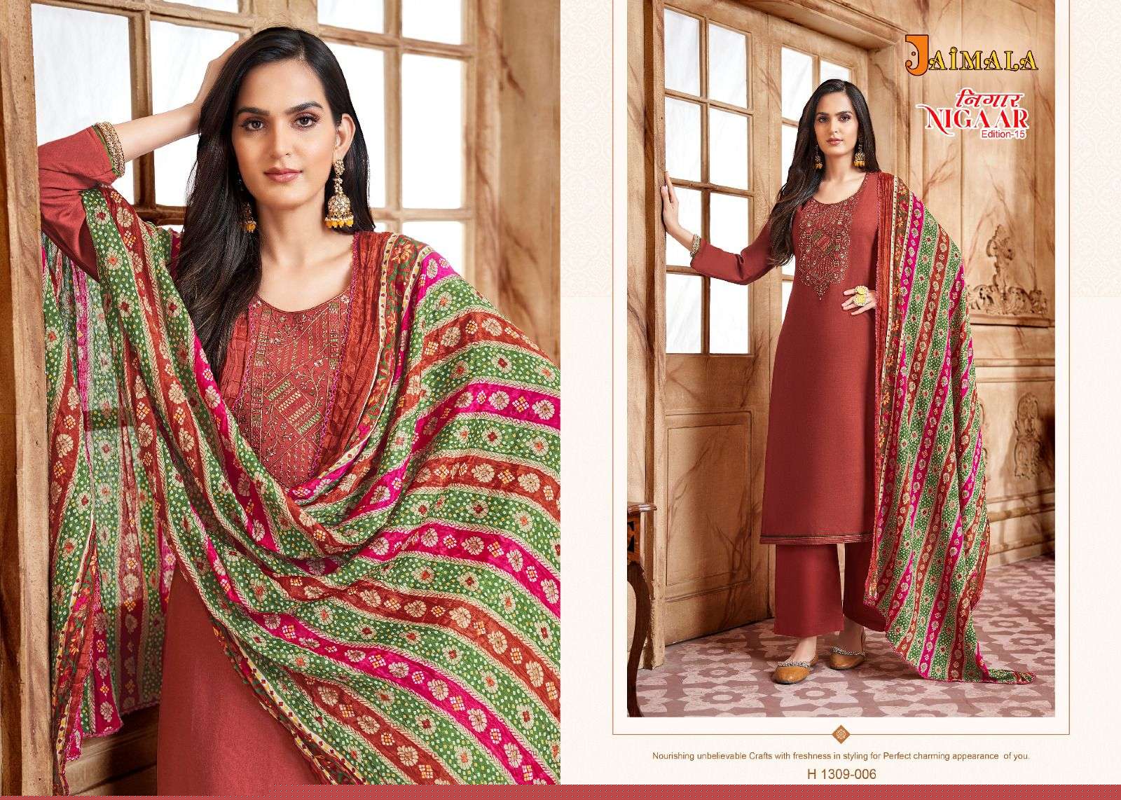 Nigaar Vol-15 By Jaimala 1309-001 To 1309-008 Series Designer Suits Collection Beautiful Stylish Colorful Fancy Party Wear & Occasional Wear Rayon Slub Dresses At Wholesale Price
