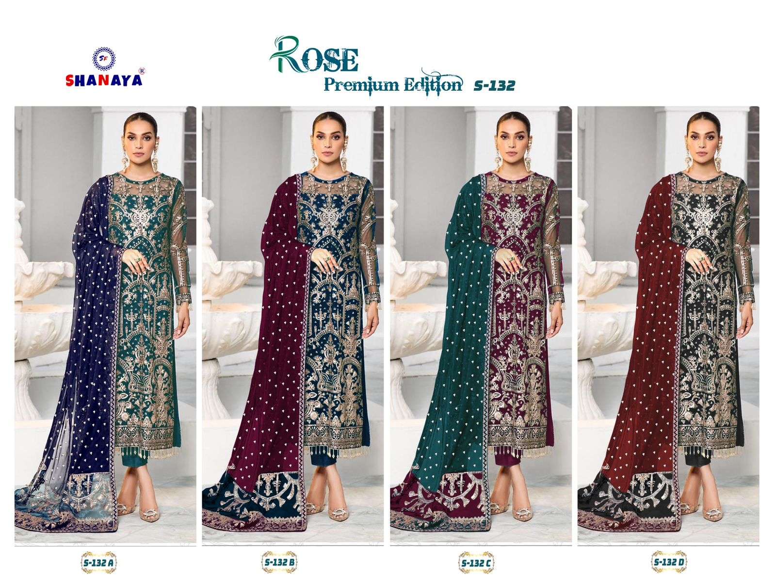 Shanaya Hit Design S-132 Colours By Shanaya Fashion S-132-A To S-132-D Series Beautiful Stylish Suits Fancy Colorful Casual Wear & Ethnic Wear & Ready To Wear Faux Georgette Embroidery Dresses At Wholesale Price