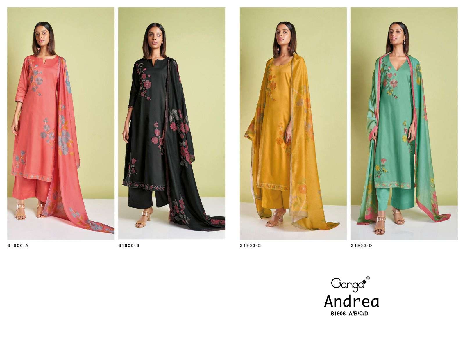 Andrea-1906 By Ganga Fashion 1906-A To 1906-D Series Beautiful Stylish Festive Suits Fancy Colorful Casual Wear & Ethnic Wear & Ready To Wear Cotton Silk Dresses At Wholesale Price