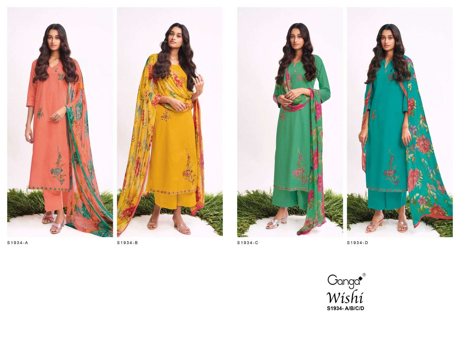 Wishi-1934 By Ganga Fashion 1934-A To 1934-D Series Beautiful Stylish Festive Suits Fancy Colorful Casual Wear & Ethnic Wear & Ready To Wear Cotton Embroidered Dresses At Wholesale Price