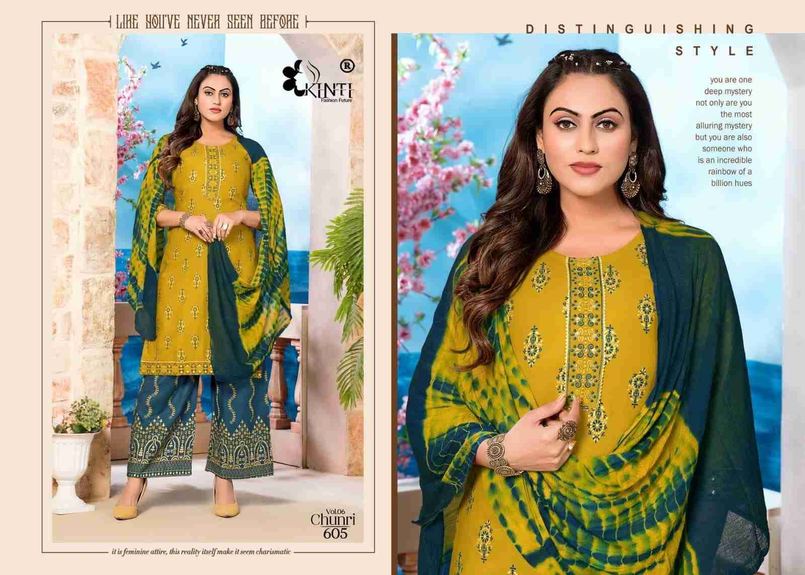 Chunri Vol-6 By Kinti 601 To 606 Series Beautiful Festive Suits Colorful Stylish Fancy Casual Wear & Ethnic Wear Heavy Rayon Dresses At Wholesale Price