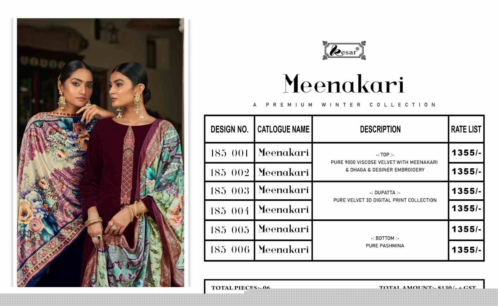 Meenakari By Kesar 185-001 To 185-006 Series Beautiful Stylish Festive Suits Fancy Colorful Casual Wear & Ethnic Wear & Ready To Wear Pure Viscose Velvet Print With Work Dresses At Wholesale Price
