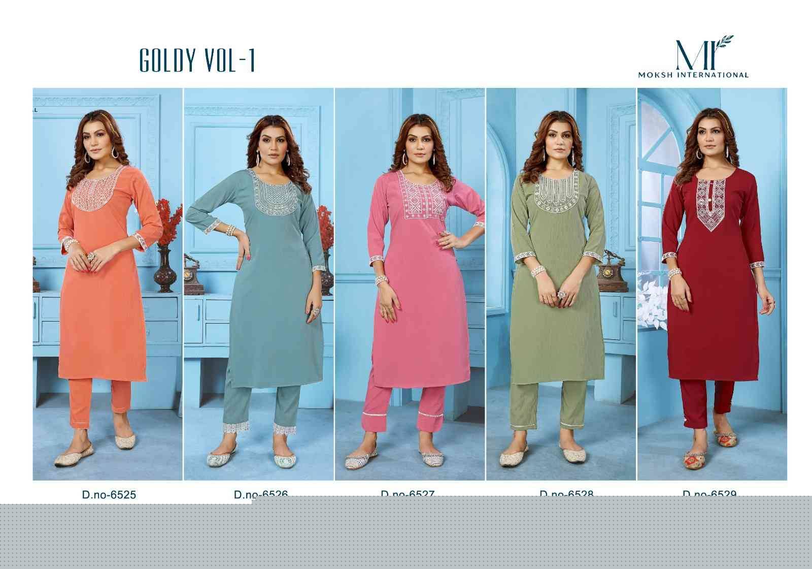 Goldy Vol-1 By Moksh International 6525 To 6529 Series Designer Festive Suits Collection Beautiful Stylish Fancy Colorful Party Wear & Occasional Wear Cotton Embroidered Kurtis With Bottom At Wholesale Price