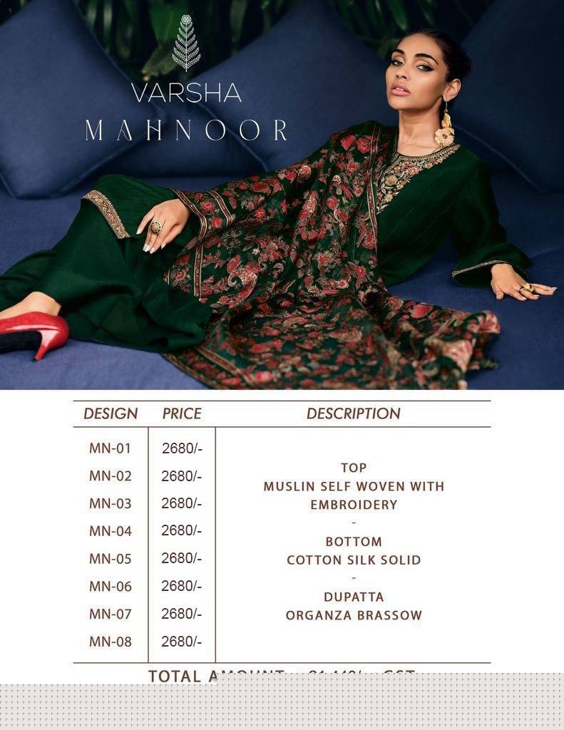 Mahnoor By Varsha 01 To 08 Series Beautiful Festive Suits Colorful Stylish Fancy Casual Wear & Ethnic Wear Muslin Embroidered Dresses At Wholesale Price