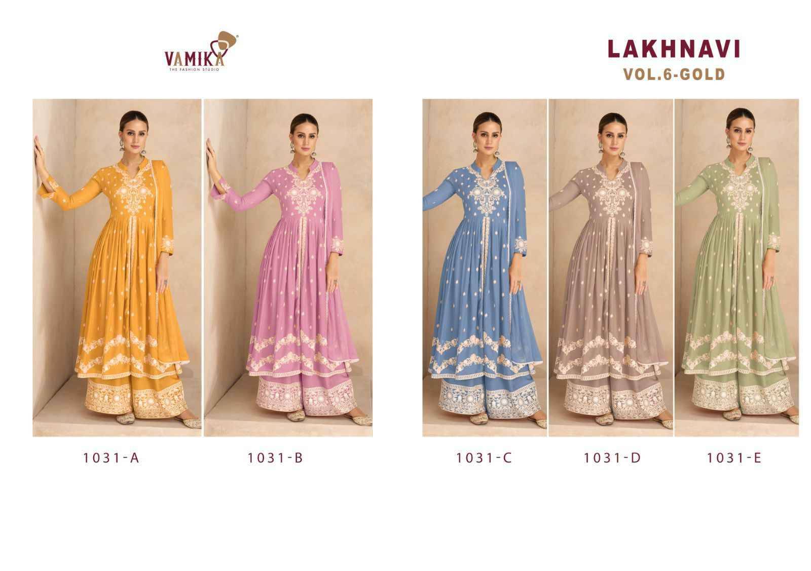 Lakhnavi Vol-6 Gold By Vamika 1031-A To 1031-E Series Beautiful Stylish Sharara Suits Fancy Colorful Casual Wear & Ethnic Wear & Ready To Wear Pure Rayon Printed Dresses At Wholesale Price