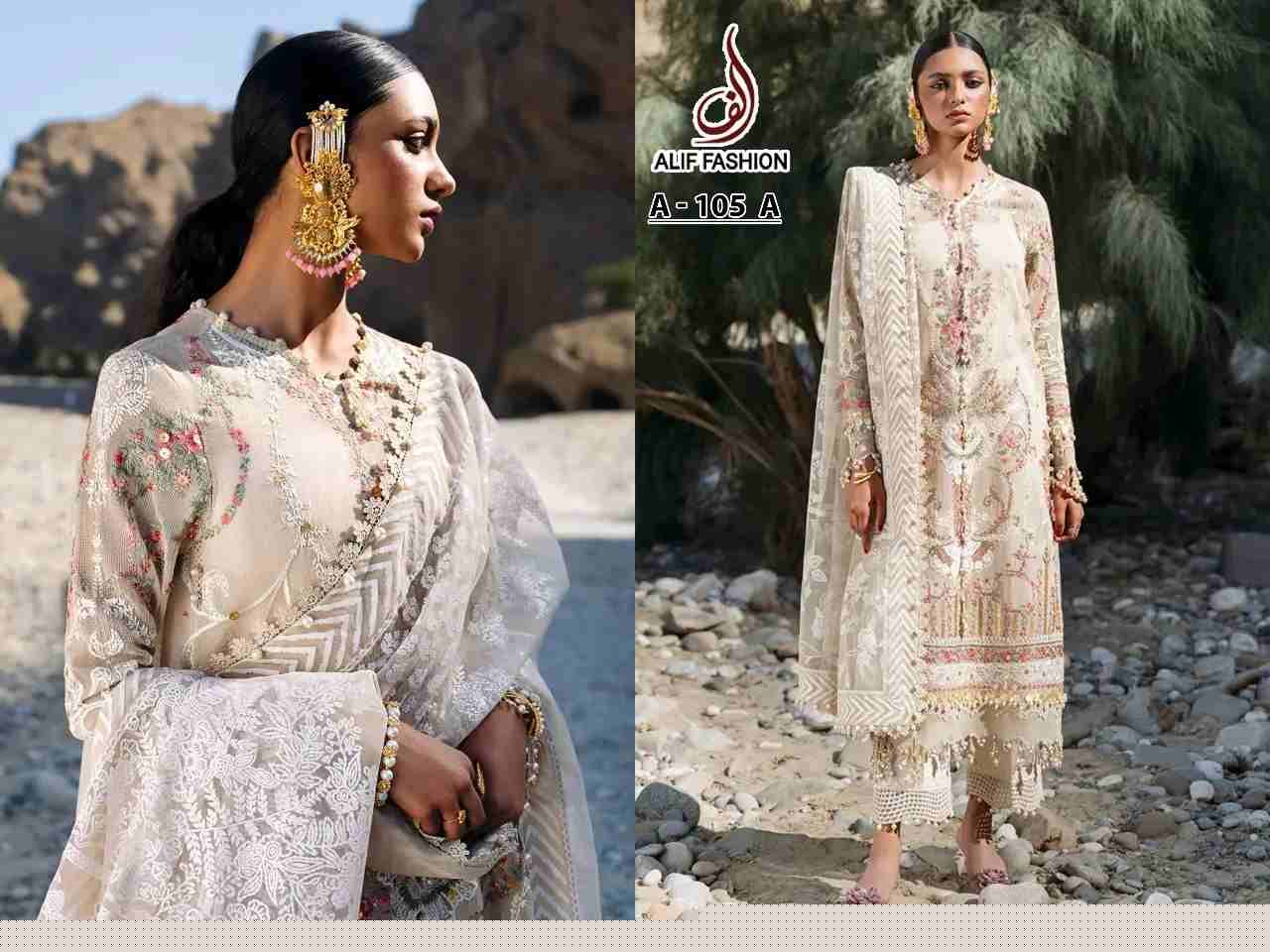 Alif Hit Design A-105 Colours By Alif Fashion A-105-A To A-105-B Series Beautiful Pakistani Suits Colorful Stylish Fancy Casual Wear & Ethnic Wear Faux Georgette Embroidered Dresses At Wholesale Price