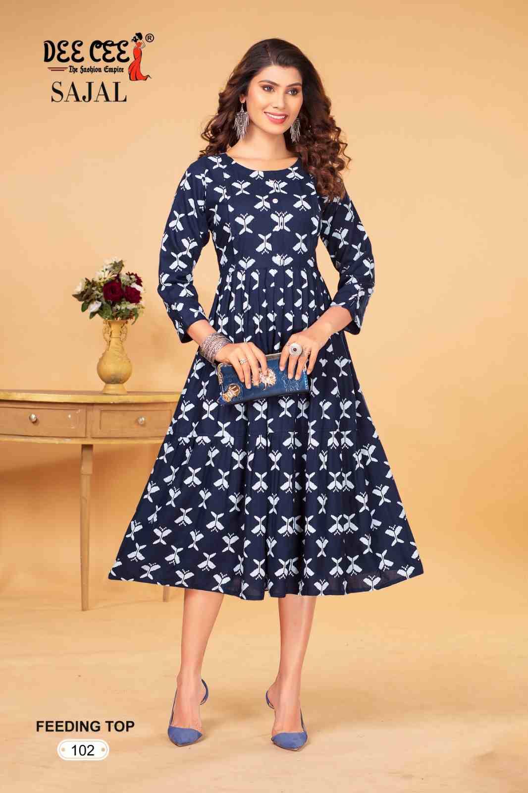 SAJAL BY DEE CEE 101 TO 106 SERIES DESIGNER STYLISH FANCY COLORFUL BEAUTIFUL PARTY WEAR & ETHNIC WEAR COLLECTION HEAVY RAYON PRINT KURTIS AT WHOLESALE PRICE