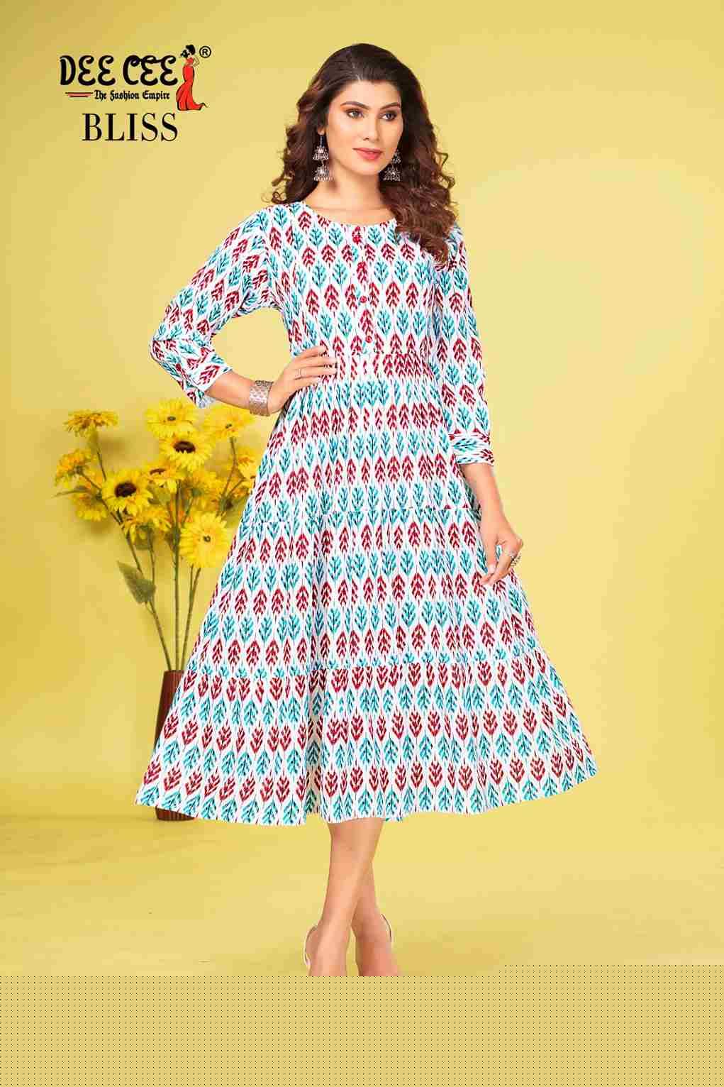 BLISS BY DEE CEE 101 TO 106 SERIES DESIGNER STYLISH FANCY COLORFUL BEAUTIFUL PARTY WEAR & ETHNIC WEAR COLLECTION HEAVY RAYON PRINT KURTIS AT WHOLESALE PRICE