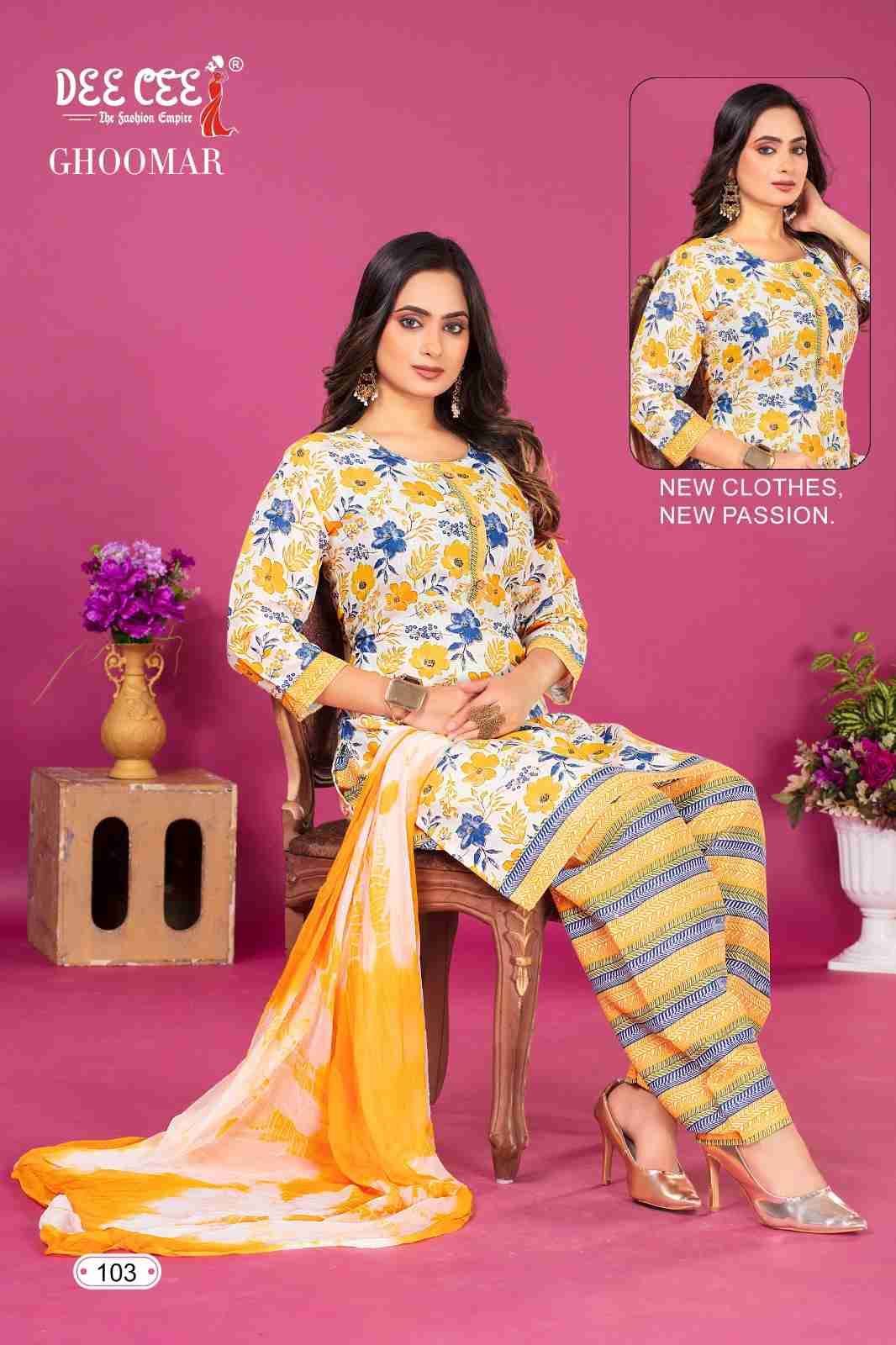 GHOOMAR BY DEE CEE 101 TO 106 SERIES DESIGNER STYLISH FANCY COLORFUL BEAUTIFUL PARTY WEAR & ETHNIC WEAR COLLECTION HEAVY COTTON PRINT DRESSES AT WHOLESALE PRICE