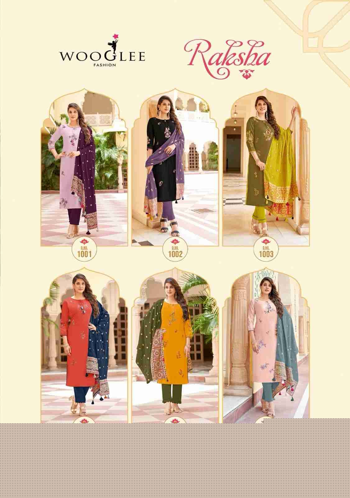 Raksha By Wooglee 1001 To 1006 Series Beautiful Suits Colorful Stylish Fancy Casual Wear & Ethnic Wear Viscose With Work Dresses At Wholesale Price