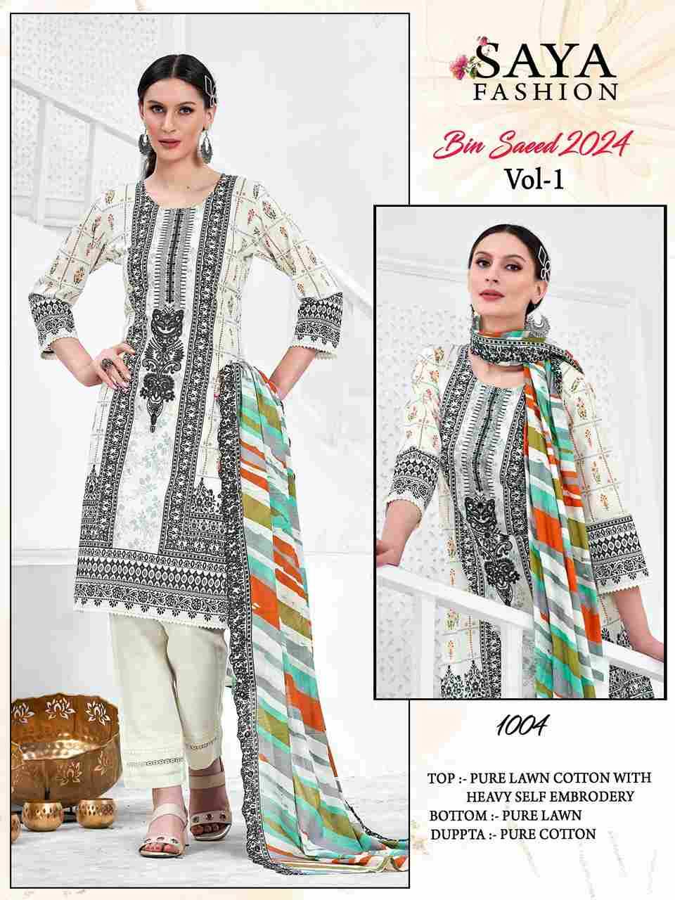 Bin Saeed-2024 Vol-1 By Saya Fashion 1001 To 1004 Series Designer Pakistani Suits Beautiful Stylish Fancy Colorful Party Wear & Occasional Wear Pure Lawn Cotton Print Dresses At Wholesale Price