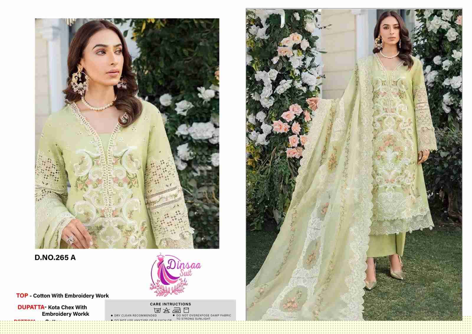 Dinsaa Hit Design 265 Colours By Dinsaa Suits 265-A To 265-D Series Beautiful Pakistani Suits Colorful Stylish Fancy Casual Wear & Ethnic Wear Cotton Embroidered Dresses At Wholesale Price